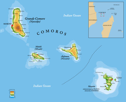 Comoros islands highly detailed physical map
