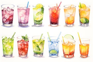High-Resolution Beverage Art: Detailed hand-painted watercolor set featuring glasses and refreshing drinks