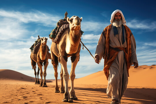 Berber man leading camel caravan. A man leads two camels through the desert. Man wearing traditional clothes on the desert sand