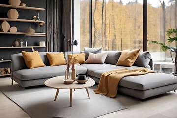 Scandinavian modern living room interior design, Generative AI