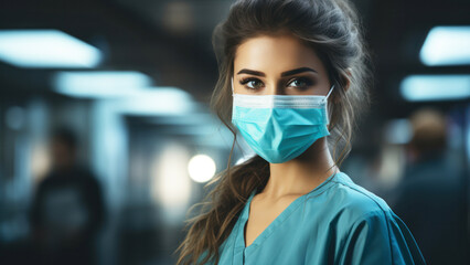 Fototapeta na wymiar Confident young woman nurse or doctor standing in the hospital with a protective medical mask