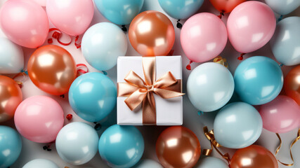 Celebration background with a gift box and colorful helium air balloons. Christmas, New Year or birthday card