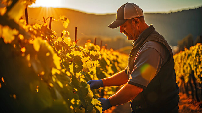 A vintner or winemaker checking vine crops first thing in the morning
