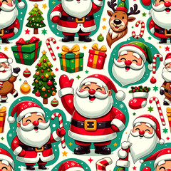 A pattern featuring modern, cartoon-like figures of Santa Claus and various Christmas accessories