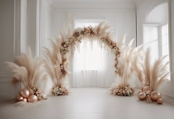 Minimalistic Boho wedding arch with pampas and flowers, balloons inside a bright white room, wedding backdrop, photography backdrop, digital backdrop