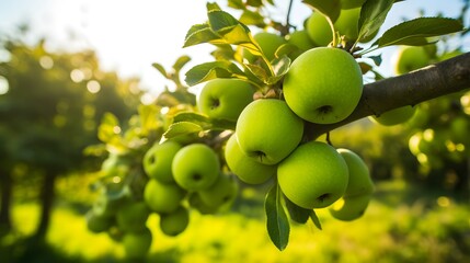 Apple orchard. Ripe green apples in the garden ready for harvest. - obrazy, fototapety, plakaty