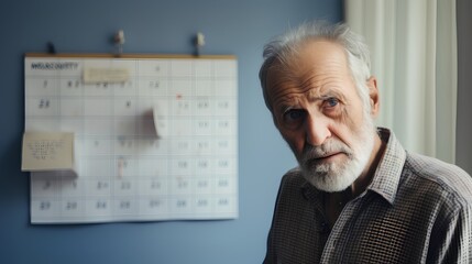 Elderly man with a perplexed expression gazes at a wall calendar, symbolizing the struggle with memory loss and cognitive decline associated with Alzheimers and dementia.
