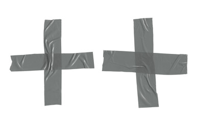 Silver adhesive tapes. Cross torn sticky tape set. Wrinkled adhesive tape pieces.