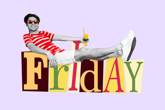Poster collage picture of nice cheerful happy man lying relaxing enjoting summer vacation friday drinking liquor cognac