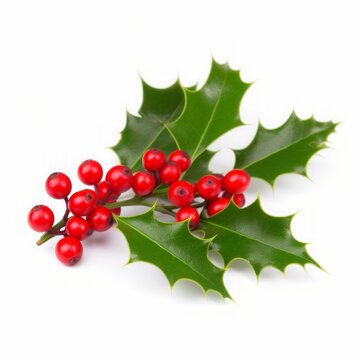 Close up of Christmas ilex holly with red berries decoration isolated on white background.