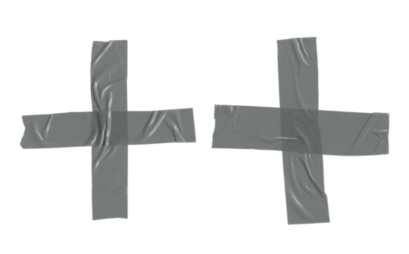 Silver adhesive tapes. Cross torn sticky tape set. Wrinkled adhesive tape pieces.