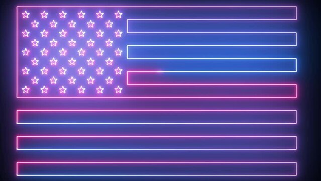 Digital Neon american flag in trendy stylish colors. Futuristic technology