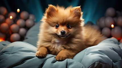 Fototapeta na wymiar A small Pomeranian dog is laying on a blue blanket - Generative AI 