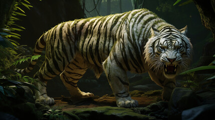 Fototapeta na wymiar a majestic predator tiger with a wild look is roaring in the wild forest created with Generative Ai
