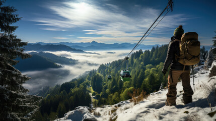 Cable car in the Dolomites mountains in winter, Italy.