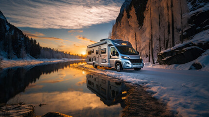 Camper car rv camping in mountains. Winter landscape with motor home.