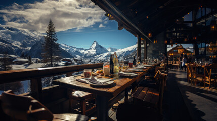 Restaurant in the Dolomites, Italy. View of Matterhorn.