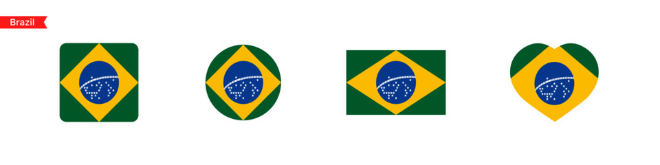 National flag of Brazil. Brazil flag icons in the shape of a square, circle, heart. Isolated flag symbols for language selection. Vector icons