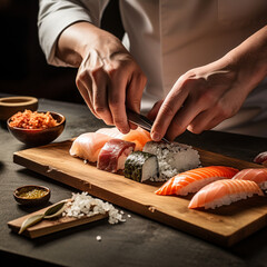 Hand of a Chef making sushi.