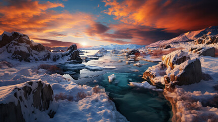 Fantastic winter landscape with snow covered rocks and ice floes.