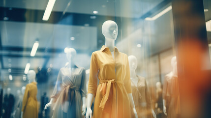 Blurred background of a modern shopping mall with mannequins in fashion shopfront. Abstract motion blurred outlet - obrazy, fototapety, plakaty