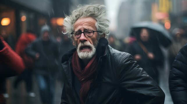 Elderly man with gray hair and a puzzled expression, appearing disoriented and lost on a city street, possibly suffering from Alzheimers or dementiarelated confusion.