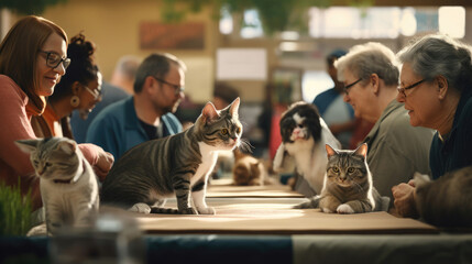 A pet adoption event with prospective adopters meeting various pets