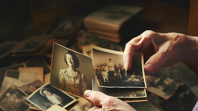 Elderly woman with a nostalgic expression holding and gazing at vintage photographs, reminiscing past memories, symbolizing the challenges of dementia and Alzheimers disease.