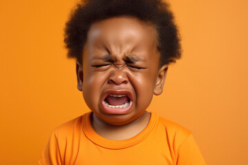 Dark-skinned African-American Todler child with curly hair in orange T-shirt is crying on orange background. Upset kid, sad, frowned, angry. Concept of people's emotions, child crisis