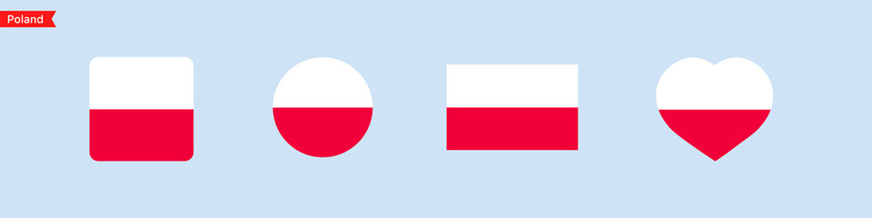 National flag of Poland. Poland flag icons in the shape of a square, circle, heart. Isolated flag symbols for language selection. Vector icons