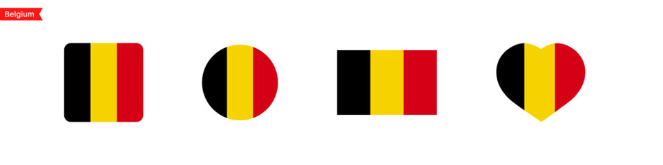 Belgium flag icons. Belgium flag set symbols. National symbol. Square, circle, heart shape flags. Vector isolated