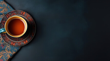 minimalist blue  background with a Tea cup, cappuccino, coffee , top view with empty copy space