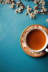 minimalist blue  background with a Tea cup, cappuccino, coffee , top view with empty copy space