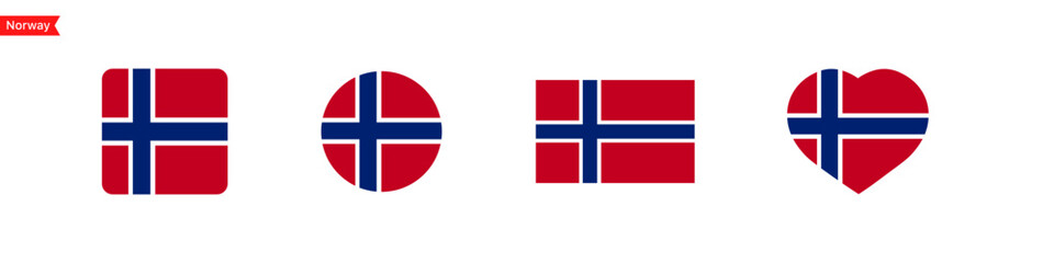 Norway national flag. Norway flag icons for UI design. Isolated flag symbols in the shape of a square, circle, heart. Vector icons