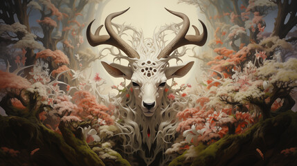 
fantasy illustration of a white deer surrounded by flowers