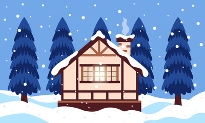 Christmas snowy house outside with winter landscape and fir trees behind. Wooden cozy house cartoon vector  illustration