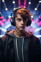 Teenage boy wearing headphone, generative AI