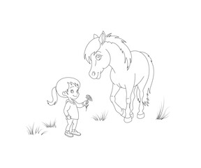Little girl gives a chamomile to a pony, a contour for coloring page, vector illustration