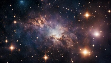 Star clusters shining into deep space. Night sky, glittering stars and nebulas. Fragment of Universe. - obrazy, fototapety, plakaty