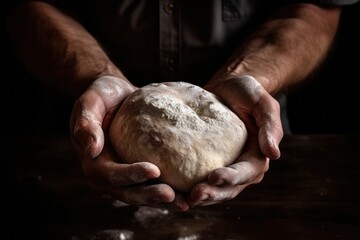 Male baker's hands in flour holding dough for baking bread close-up. Healthy organic bread, food, fresh crispy pastries. Bakery concept, small business. Dark mysterious lighting
