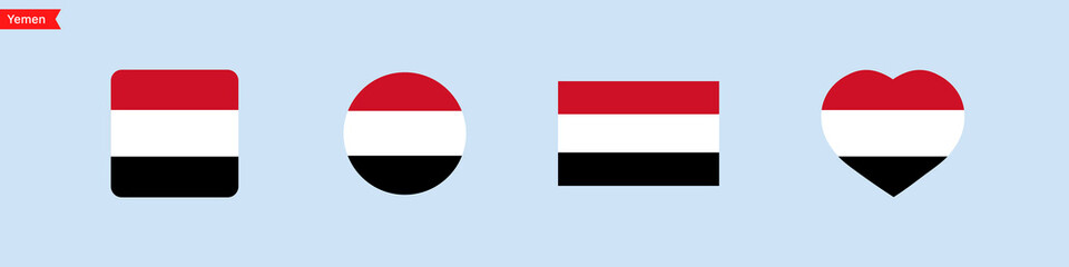 National flag of Yemen icons. Yemen flag in the shape of a square, circle, heart. Website language choice symbols. Vector UI flag design