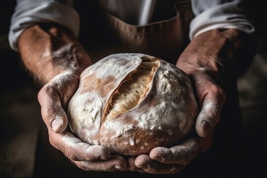 Male baker's hands in flour hold round bread close-up. Healthy organic bread, food, fresh crispy pastries. Bakery concept, small business. Dark mysterious lighting