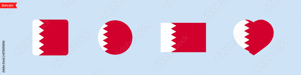 Poster national flag of bahrain icons. bahrain flag in the shape of a square, circle, heart. website langua