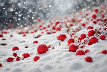 Wallpaper of snow falling and Cherry fruit in winter with the dominant colors white and red