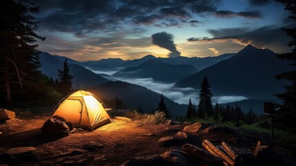 Outdoor mountain view with camping tent