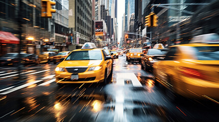 Fototapeta na wymiar Cars in movement with motion blur. A crowded street scene in downtown Manhattan