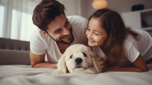 A family with a newly adopted pet,  capturing their first moments together