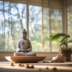 Buddha statue in meditation position in a room with green plants,Generative AI