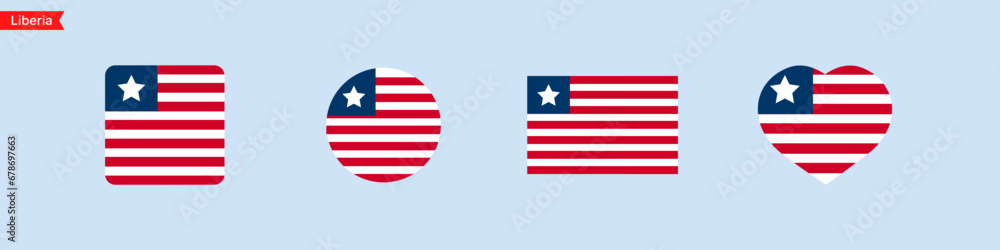 Poster national flag of liberia. liberia flag icons in the shape of a square, circle, heart. isolated flag 
