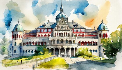 Traditional Building in Switzerland drawn in watercolors